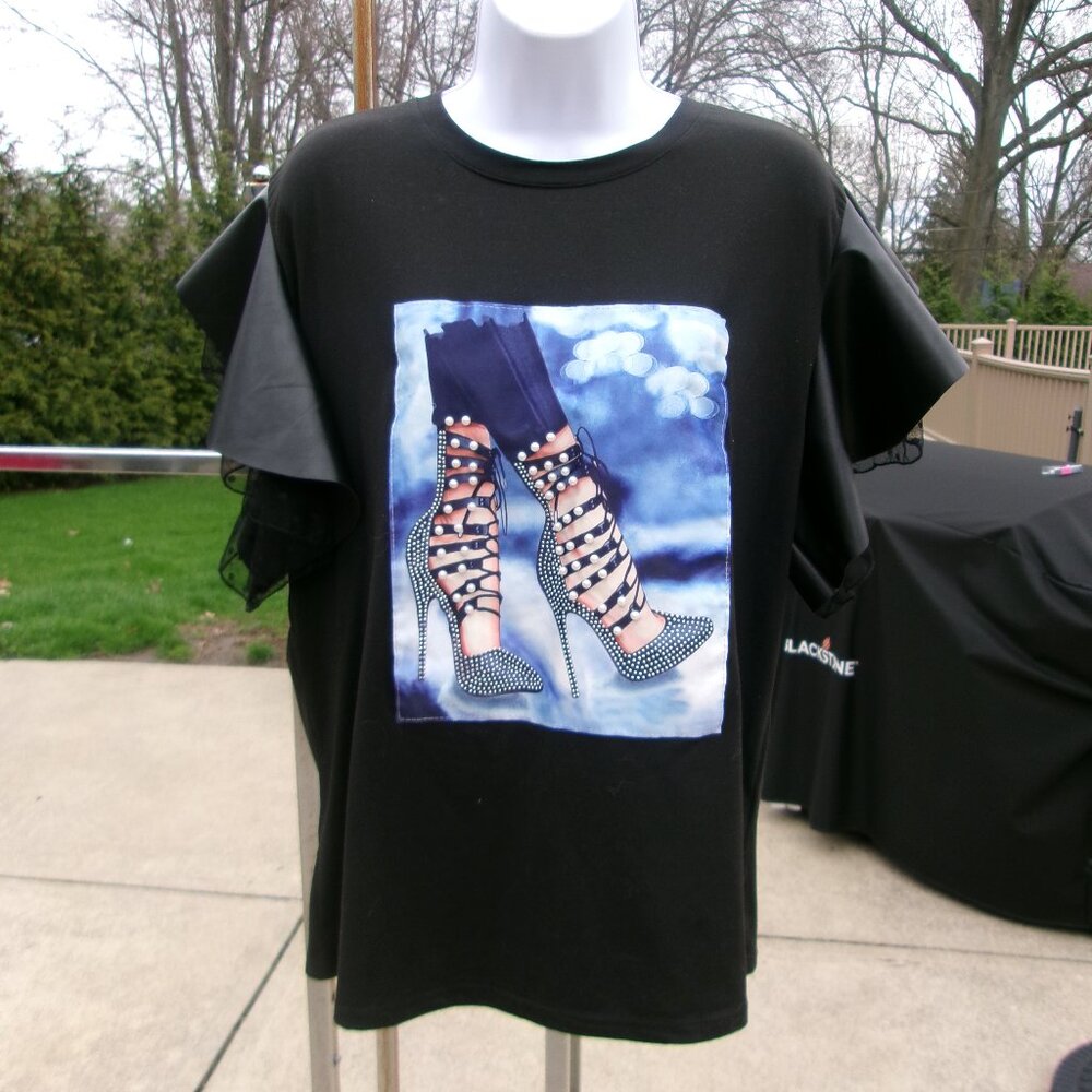 NWT KO KO AILIS BLACK HIGH HEELS W PEARLS FAUX LEATHER SLEEVES TOP 3XL